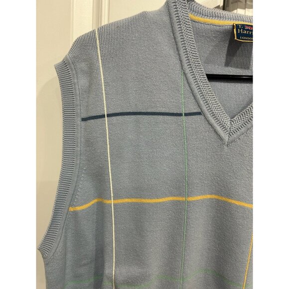 T. Harris London Mens Light Blue Sleeveless V-Neck Sweater Vest With Multicolor - Picture 4 of 10